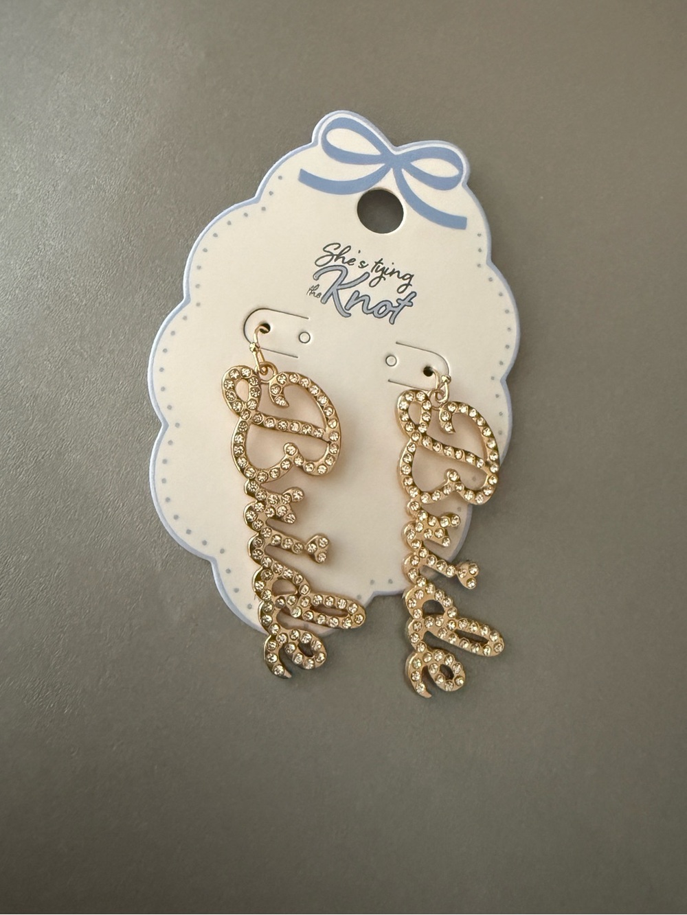 Gold 'Bride' Rhinestone Script Dangle Earrings